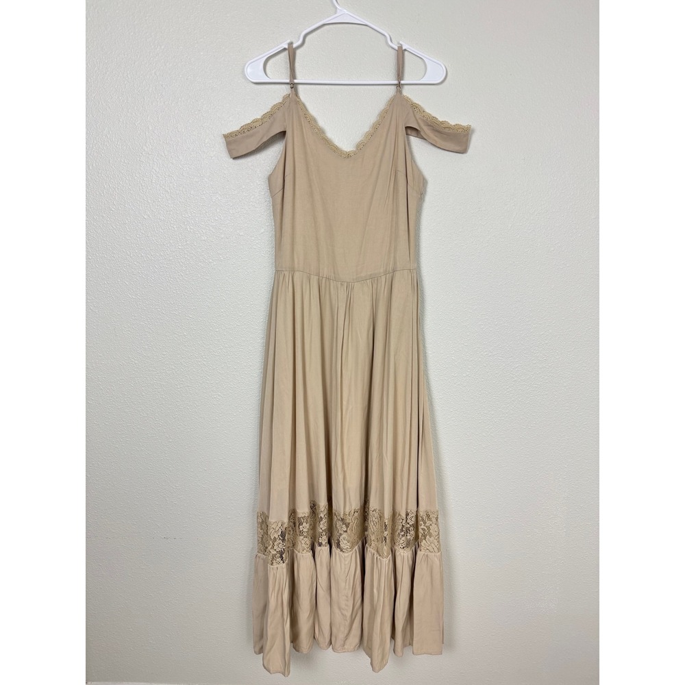 Mia Joy by Joyfolie Tan Cold Shoulder Lace Trim Maxi Dress Small - Picture 5 of 11